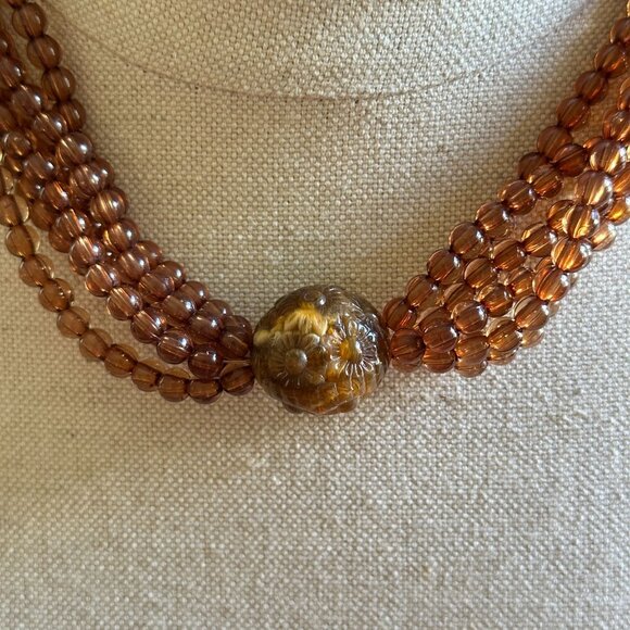 Vintage Brown Beaded Necklace Multi-Strand Plastic Beads with Floral Accent Bead - Picture 4 of 6